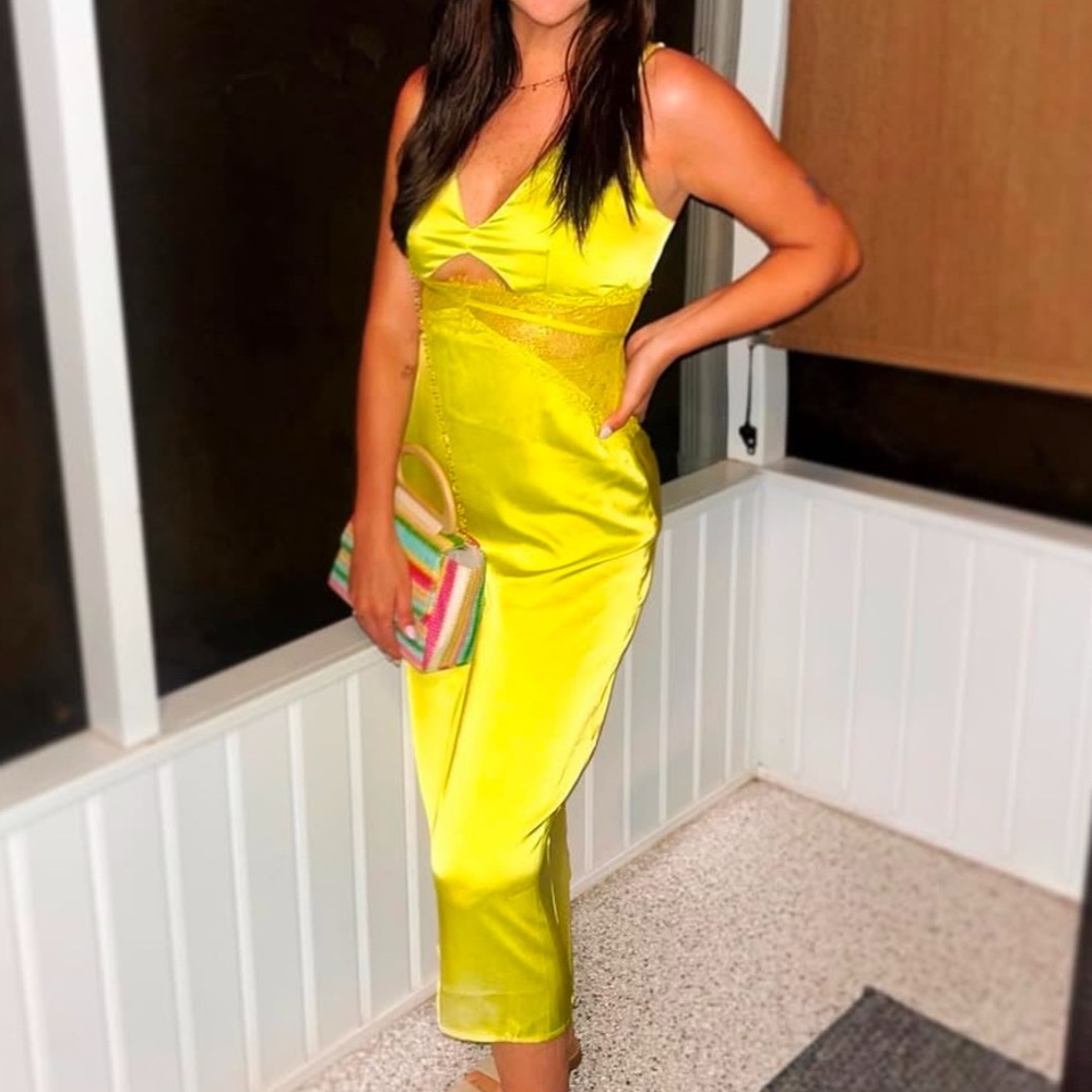 FORE Satin Lace Panel Midi Lime Green Cocktail Dress Size M
